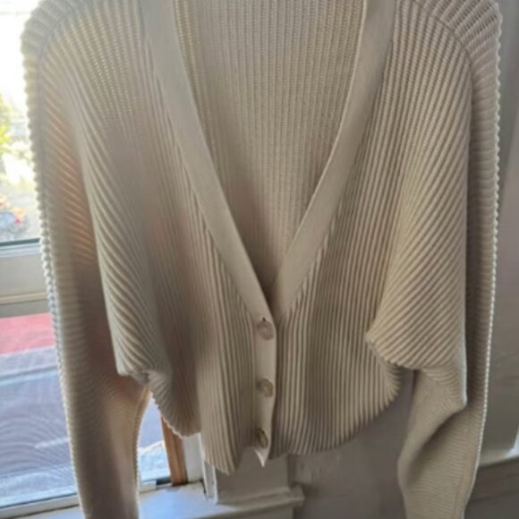 *Perfect for Fall* Adorable Good American Ribbed Beige Cotton-Blend Cardigan - Picture 4 of 7